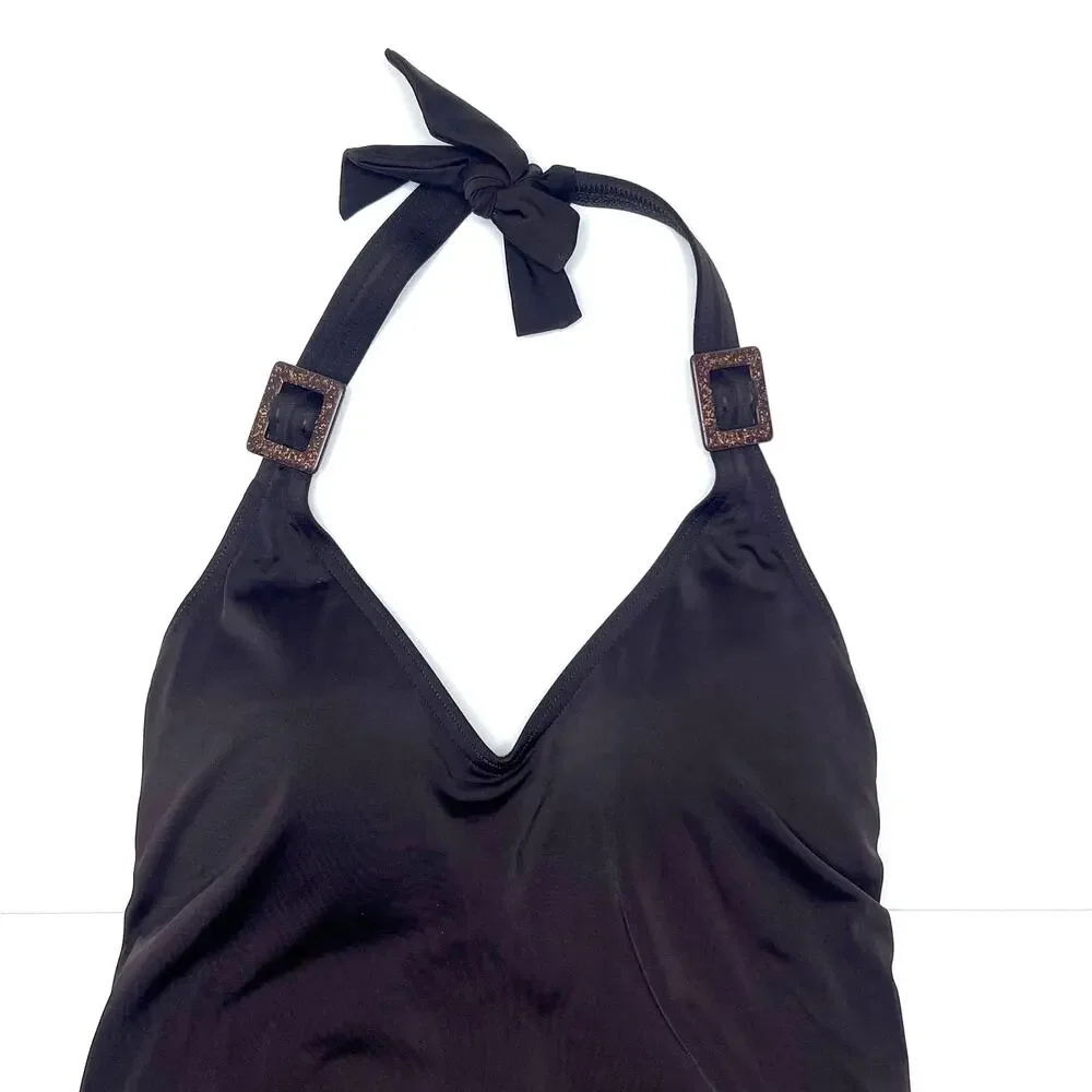 Lands' End Size 6 One Piece V-Neck Halter Brown Swimsuit